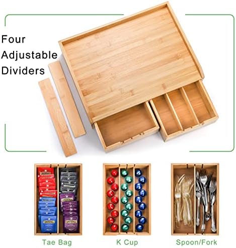 Bamboo 2 Drawer Coffee Pod Organizer with Side Box for K Cup Tea Bag