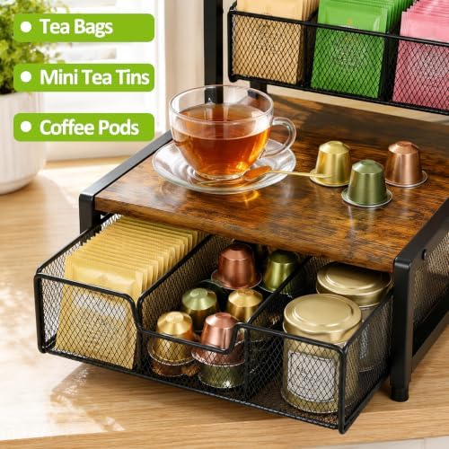 3-Tier Tea Bag Holder Organizer, Metal Tea Station Organizer with Drawer