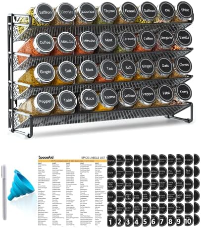 Spice Rack Organizer with 32 Spice Jars, 386 Spice Labels, Chalk Marker and Funnel Set for Cabinet, Countertop, Pantry, Cupboard or Door & Wall Mount - 32 Jars, 15.3" W × 10.8" H, Black