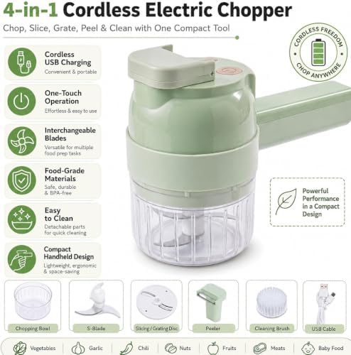 2027 Upgraded Multi Blade Chopper, 4 in 1 Handheld Electric Vegetable Cutter, Hand Held Vegetable Chopper, Mini Chopper Electric with Cleaning Brush, for Garlic Onion Meat Vegetables - Image 2