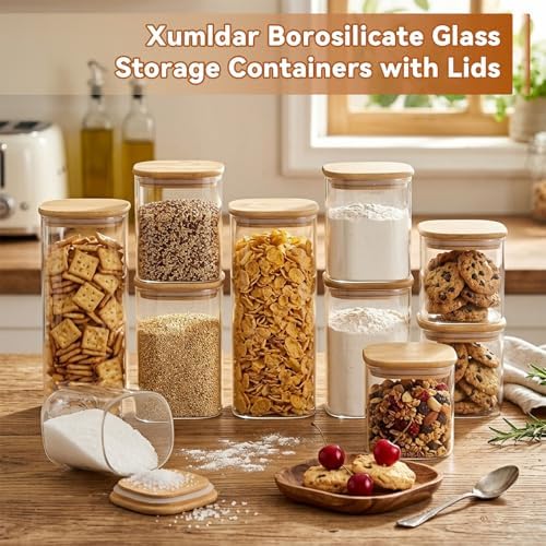 5PCSGlass Storage Containers with Lids, Airtight Pantry Storage Containers Glass Jars Kitchen Canisters Flour Sugar Food Storage Dishwasher Safe (0.5Qt*1/0.85Qt*1/1.2Qt*1/1.6Qt*1/2.3Qt*1)