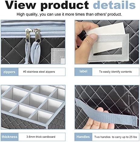 Mug and Cup Storage Box with Dividers - 2 Pack China Storage Bin Containers Holds 24 Glassware, Stackable Coffee Mug Organizer Bin and Tea Cup with 2 Metal Zipper,Label and Handles (Grey)