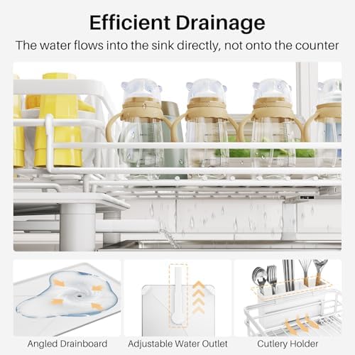 Expandable Dish Drying Rack for Kitchen Counter, Stainless Steel, White