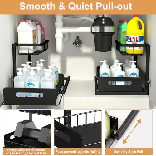 2 Pack Under Sink Organizer, Height Adjustable Pull Out Cabinet Shelf, Heavy Duty Metal Sliding Drawer, Rust-Resistant Storage for Kitchen Bathroom Pantry, Fits Tall Bottles & Plumbing P-Traps