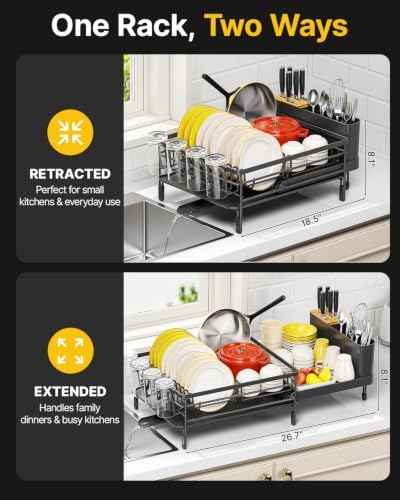 Extendable Dish Drying Rack for Kitchen Counter, Black