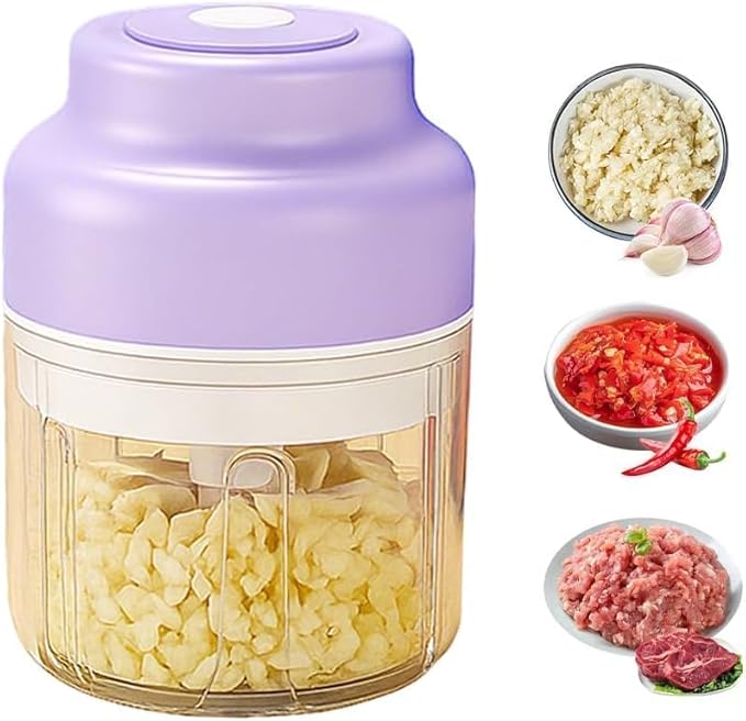 Electric Mini Garlic Chopper Set, 2026 New Small Garlic Chopper Mincer, USB Rechargeable, Wireless Veggie Grinder, Rapidly Garlic Minces Ginger Onion Chili Veggie (Purple, 250ml)