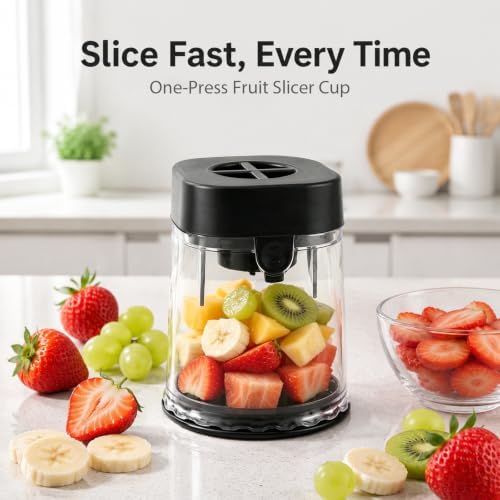 2-in-1 Fruit Slicer Cup, Strawberry Cutter Slicer With Stainless Steel Blades & Lid, Detachable Kitchen Gadget Tool for Egg Banana Cucumber Fruit Salad Cake - Image 5