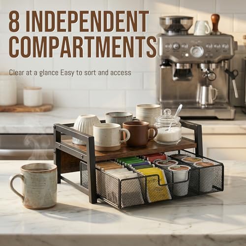 Tea Bag Organizer for Countertop with 8-Slot Drawer