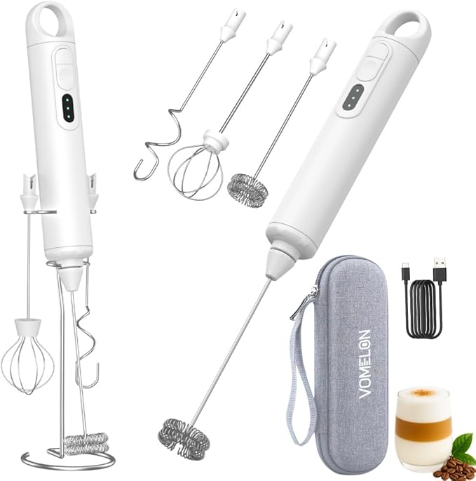 Rechargeable Milk Frother Handheld 3 Speed Coffee Foamer [3 Whisk] Electric Drink Mixer for Latte, Cappuccino, Coffee, Eggs, Hot Chocolate, White