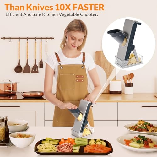 FEICO Safe Mandoline Slicer for Kitchen, Vegetable Slicer with Container, French Fry Cutter, All in 1 Julienne Slicer for Potato, Thickness Adjustable, Detachable Blade, Dishwasher Safe,blue - Image 2