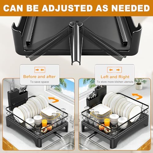 Large Dish Drying Rack with Automatic Dish Drying Rack for Kitchen Counter, Rustproof Stainless Steel Dish Drainer with Cutlery Holder, Over Sink Organizer (17" x 13.4", Black)