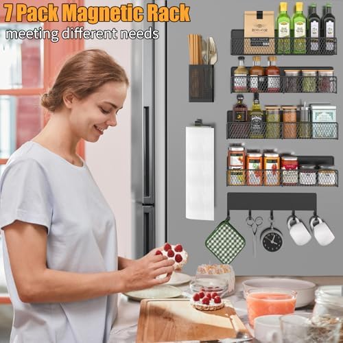 Magnetic Spice Rack for Refrigerator, 7 Pack Metal Shelf Black, Moveable Organizer with Hook Rack, Paper Towel Holder, Kitchenware Strong Storage Fridge
