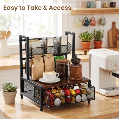 Tea Bag Organizer 3 Tier Wood Tea Organizers and Storage Drawer