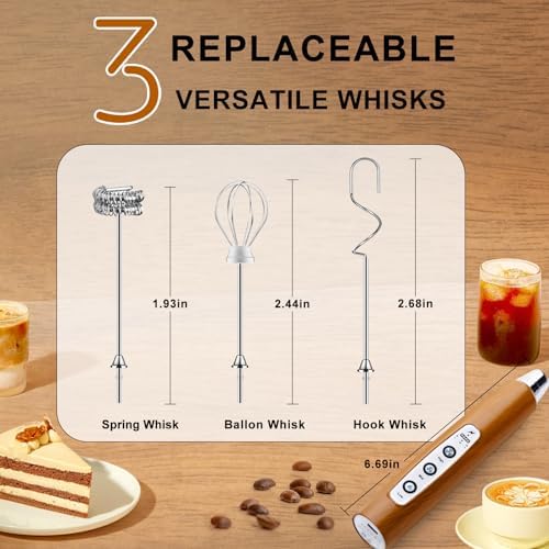 YUSWKO Wood Grain Handheld Milk Frother Wand for Coffee, Rechargeable Electric Whisk with 3 Heads 3 Speeds Drink Mixer Coffee Frother For Latte, Cappuccino, Hot Chocolate, Egg - Image 2