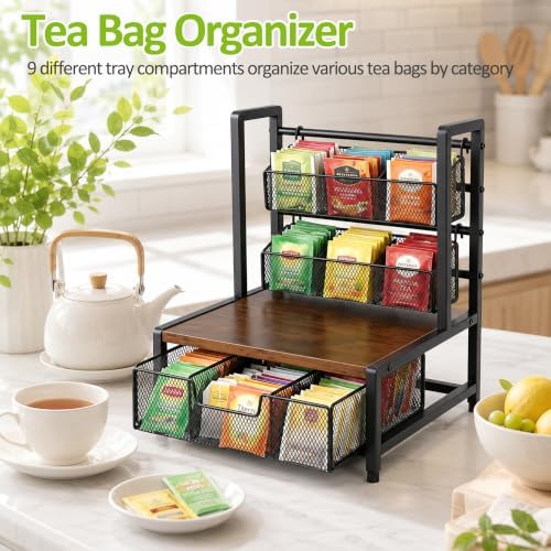 3-Tier Tea Bag Holder Organizer, Metal Tea Station Organizer with Drawer