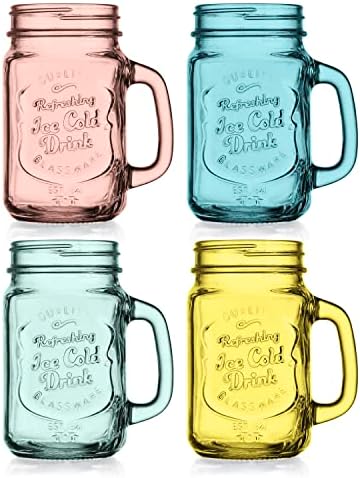 Mason Jar Drinking Glasses Set Of 4, 15 oz. Colored Mugs With Embossed Ice-Cold Drinkware Logo, Glass Mason Jar Mug With Handle. For Smoothies, Cocktails, Beverages. Hand Wash