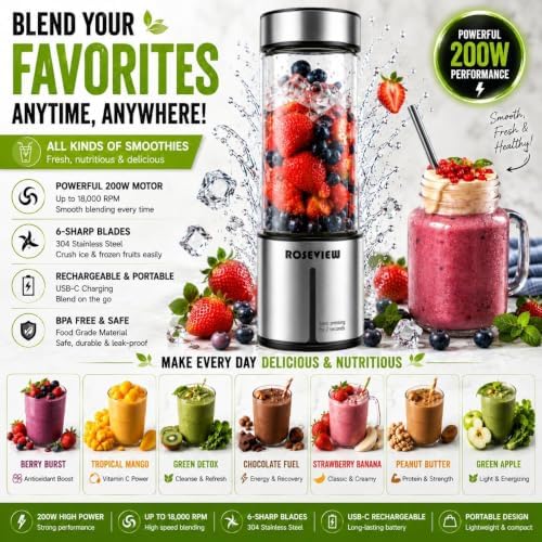 Portable Smoothie blender ROSEVIEW Glass bottle USB rechargeable mini Handheld Ice Shakes Cup 2 blend juicer Cordless Personal smoothies maker Fruit mixer - Image 2