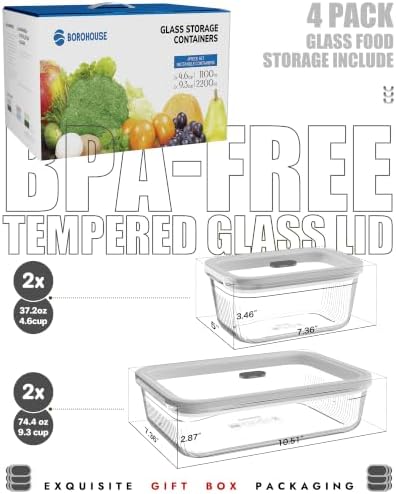 4-Pack Glass Food Storage Containers with Tempered Glass Lids, 2x 4.7 Cup & 2x 9.3 Cup, Airtight, Oven & Microwave Safe Borosilicate Glass (-4°F to 950°F)