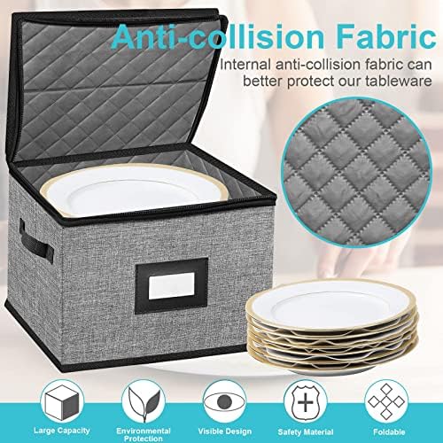 China Storage Containers-Quilted Dish Storage Containers with Lid Hard Shell for Moving Transport, Dinnerware Storage,Stackable Plate Storage,24 Felt Plate Dividers Included,2PACK 12*12*8in