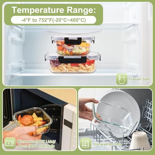 8 Pack Glass Food Storage Containers with Lids, Meal Prep Containers, Airtight Bento Boxes with Leak Proof Locking for Microwave, Oven, Freezer and Dishwasher, BPA Free