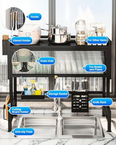 Dish Drying Rack, 3-Tier Over The Sink Dish Drying Rack, 33.5" Over Sink Dish Rack for Small Kitchen, Space-Saving Dish Rack with Cover, Baskets, Utensil, Large Sink Storage Organizer Black