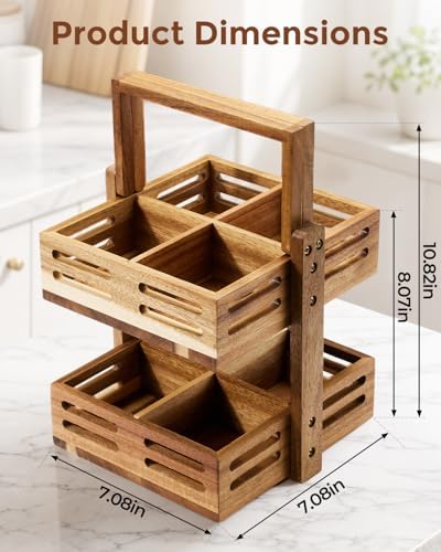 Acacia Wood Tea Bag Organizer, 360° Rotating 2-Tier Storage Holder with 8 Compartments, Holds 80+ Tea Bags for Kitchen Countertop, Tea Station, Home Decor