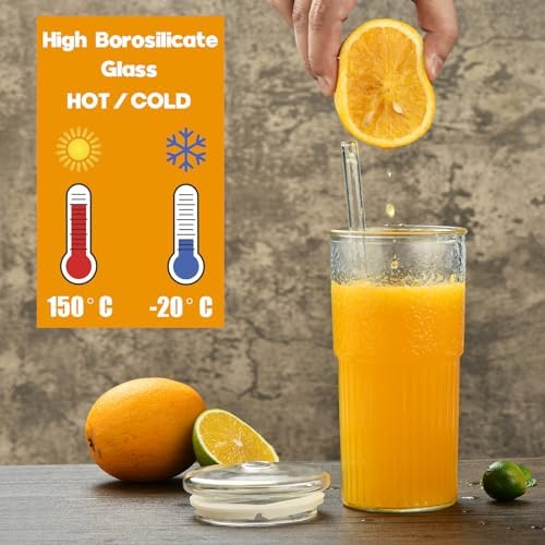 Glass Cups with Lids and Straws, 22 oz High Borosilicate Clear Iced Coffee Glass Tumblers, Drinking Glass Smoothie Tea Water Cups, Pack of 2 with Cleaning Brush