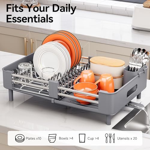 Extendable Stainless Dish Drying Rack for Kitchen Counter, Gray