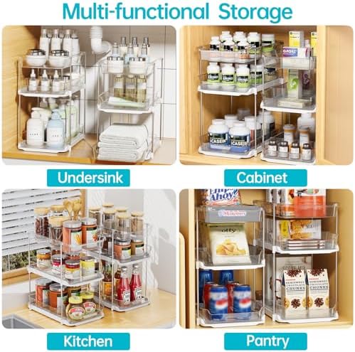 2 Sets of 3-Tier Bathroom Under Sink Organizers and Storage, Multi-Purpose Stackable Pantry Organization and Storage, Pull Out Clear Kitchen Bathroom Cabinet Organizer with Movable Dividers