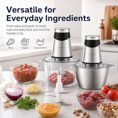 800W Electric Food Chopper, 2.2L Glass & 1.2L Stainless Bowls