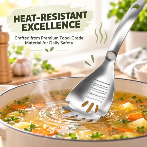 2Pcs 5 in 1 Multifunction Cooking Spoon,304 Stainless Steel Egg Slotted spoon,Kicthen Cooking Tools for Separate egg whites, grind ginger plate, mash potatoes, strain foods and open bottle caps