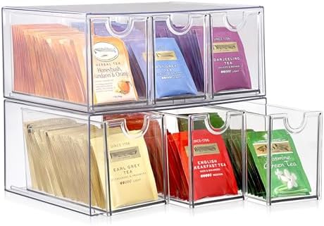 6 Drawers Tea Bag Organizer Box, Acrylic Stackable Tea Bag Storage Holder for Kitchen Pantry, Clear Coffee Pod Snack Storage Box for Countertop Cabinet