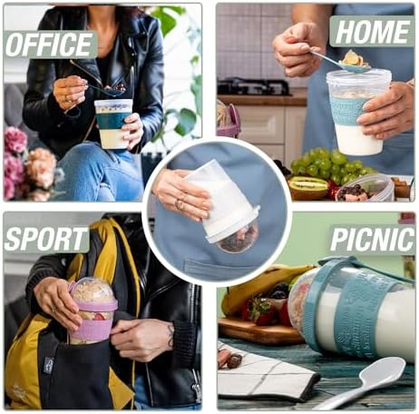 4 Pack Reusable On The Go Yogurt Parfait Cups, Breakfast Plastic Containers with Lids and Spoons, Perfect Jars for Overnight Oats Cereal Granola Oatmeal Smoothies and Snack Prep