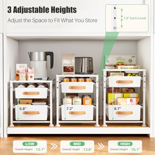 2 Tier Pull Out Cabinet Organizers, Stackable Slide out Drawers, with Sliding Storage Drawer for Kitchen and Bathroom Cabinet Storage, Under Sink or Pantry Organization, White