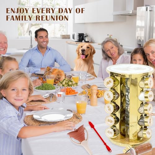 360-Rotating Kitchen countertop Stainless Steel Spice Rack, Apricot Leaf Appearance Pattern, Equipped with 20 Food Grade Glass cans (Gold + White, Five Floors of 20 Spice cans)