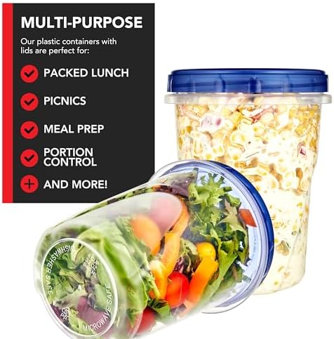 32oz Plastic Containers with Twist Top Lids (6 Pack), Quart Freezer Containers with Lids for Leftover Food, Airtight Reusable Soup Containers, Microwave and Dishwasher Safe