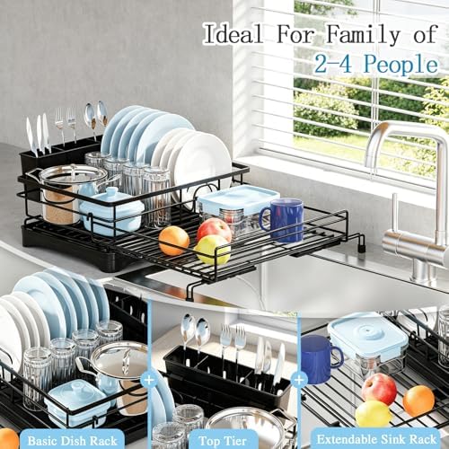 Expandable Dish Drying Rack for Kitchen Counter, Large Capacity Dish Rack with 360° Rotatable Drain Spout & Utensil Holder, Stainless Steel Dish Drainer for Kitchen Sink, Black Trombone