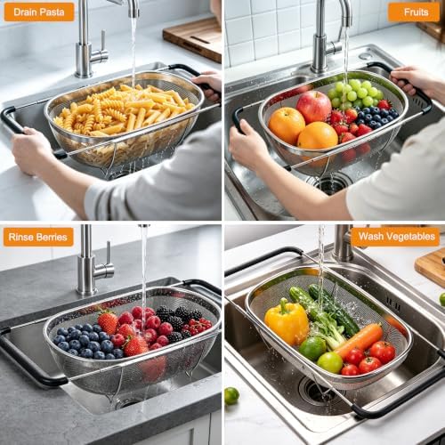 Over the Sink Colander, Stainless Steel Fine Mesh, 6 Quart 2 Pack