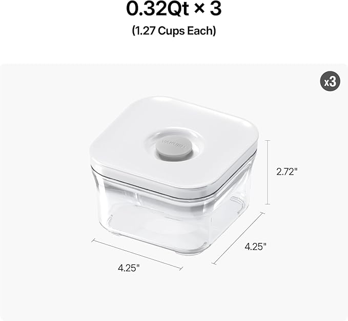 VAKUEN Premium Airtight Food Storage Containers, Mini Square 3pc/set(0.32qt), Smart One-Click Seal Lid, No Hinges, 100% Leak Proof, BPA-FREE, Dishwasher, Freezer & Microwave Safe
