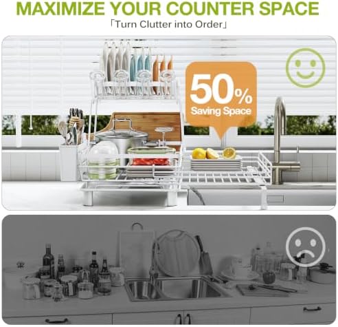 2-Tier Expandable Dish Drying Rack for Kitchen Counter, White