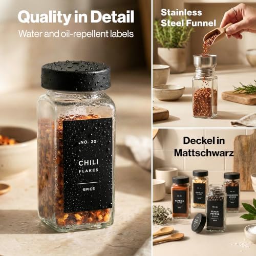 Glass Spice Jars with Labels, 24x Matte Black Lids - 4oz Set