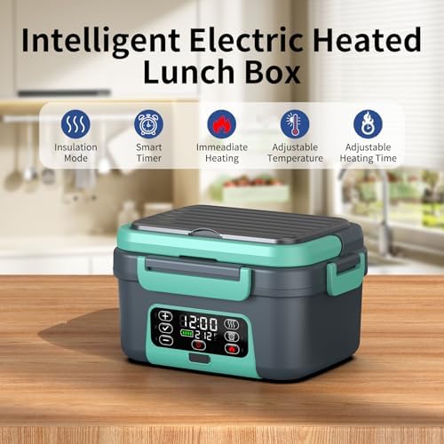 Cordless Electric Heated Lunch Box, 1.5L - 6.3 Cups 100W Rechargeable Smart Self-Heating Food Warmer with Removable Divider, Spoon, Fork, BPA Free, Portable Lunchbox for Car Travel Office Lake Green