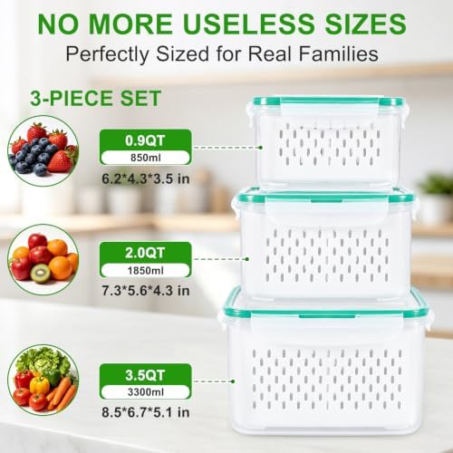Thicker Produce Fruit Storage Containers for Fridge with Colander &Dividers