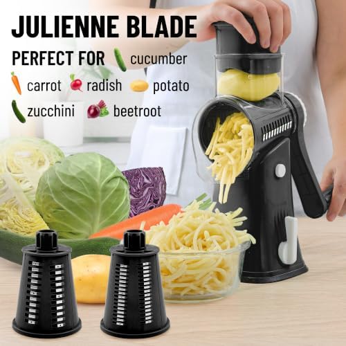 Rotary Cheese Grater Hand Crank, Vegetable Shredder - Black & Chrome