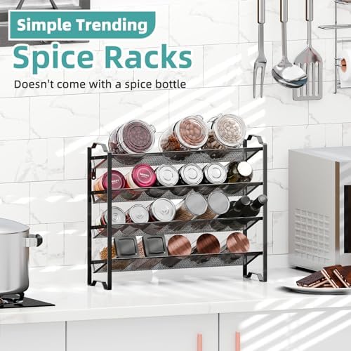 2 Pack 4 Tier Spice Rack Organizer, Stackable Kitchen Counter Shelves, for Cabinet, Countertop, Pantry, Door or Wall Mount, Metal Mesh, Jars not Included, Black