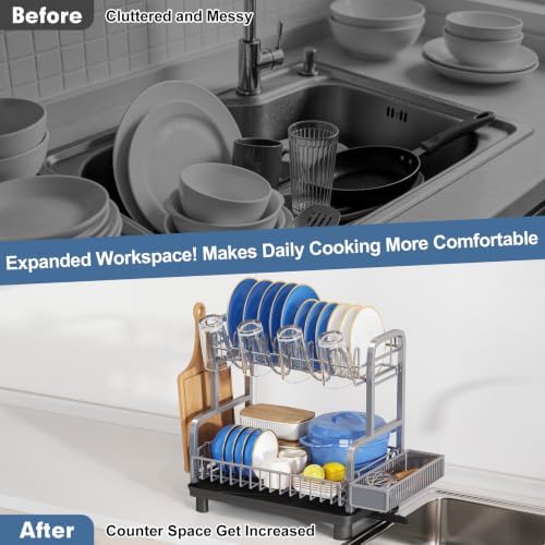 Dish Drying Rack for Kitchen Counter, Dish Drainer with Drainboard