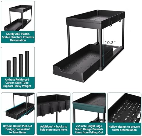 Under Sink Organizer 2 Pack, Bathroom Cabinet Organizer, 2 Tier Sliding Cabinet Basket Organizer Drawer, Multi-Purpose Bath Collection Baskets for Bathroom (Black)