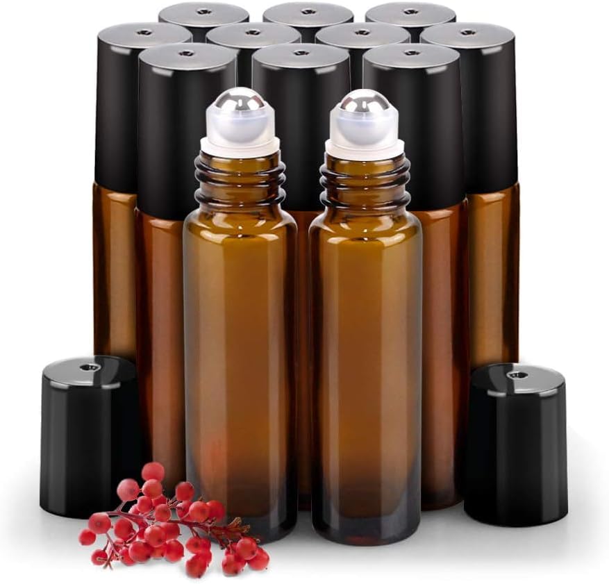 Roller Bottles for Essential Oils - 12 Pack 10ml Amber Glass Roll on Bottle by sungwoo
