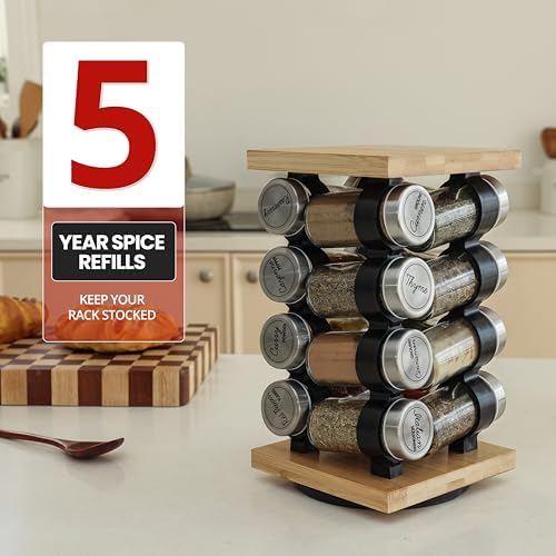 16 Jar Rotating Bamboo Spice Rack with Spices Included & 5-Year Spice Refill Program – Compact Countertop Spice Rack with Glass Jars