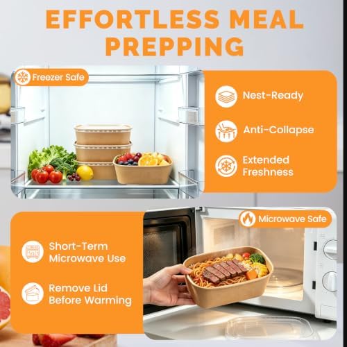 50 Pack 29oz Large Disposable Meal Prep Containers With Lids and Forks, Leak-Proof, Freezer & Microwave Safe Take Out Containers, Sturdy Disposable Kraft Bowls For Salad, Noodles & Meal Prep